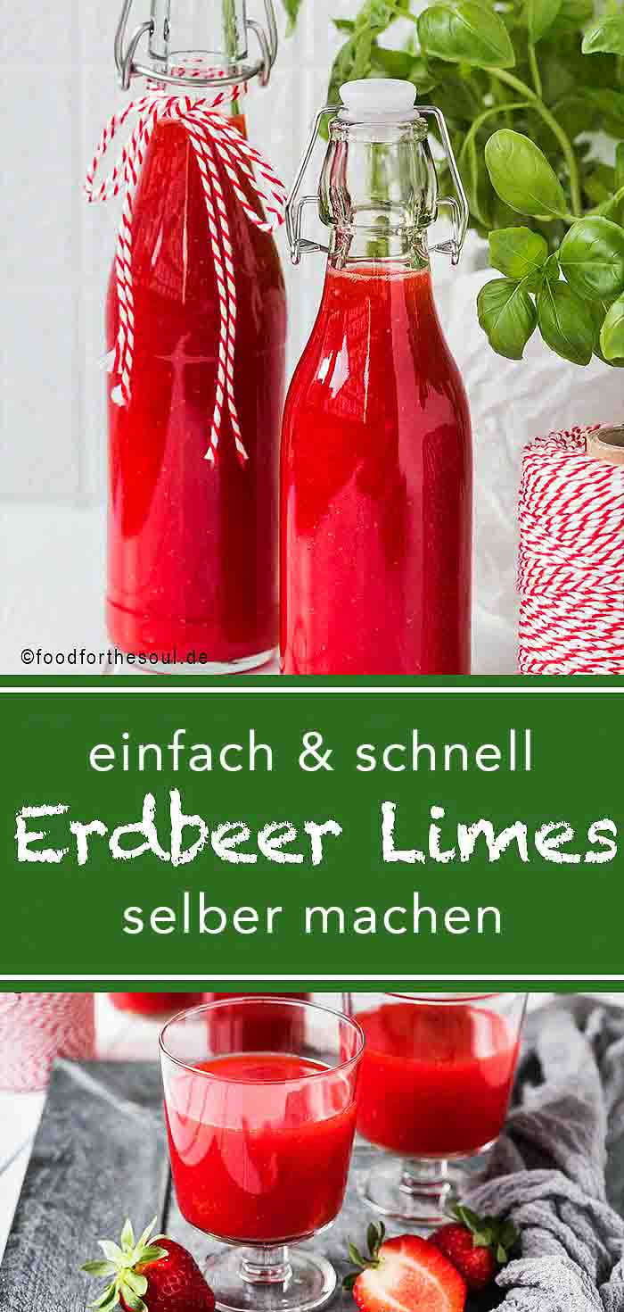 Selbstgemachter Erdbeer Limes in zwei Flaschen und zwei Gläsern, daneben Erdbeeren