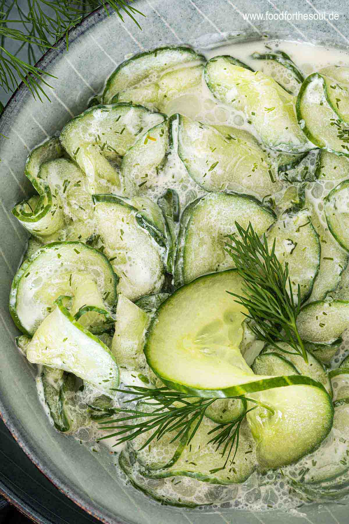 Gurkensalat mit saurer Sahne und Dill serviert in einer Schale