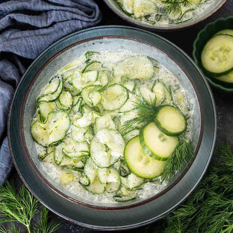 Gurkensalat mit saurer Sahne und Dill serviert in einer Schale