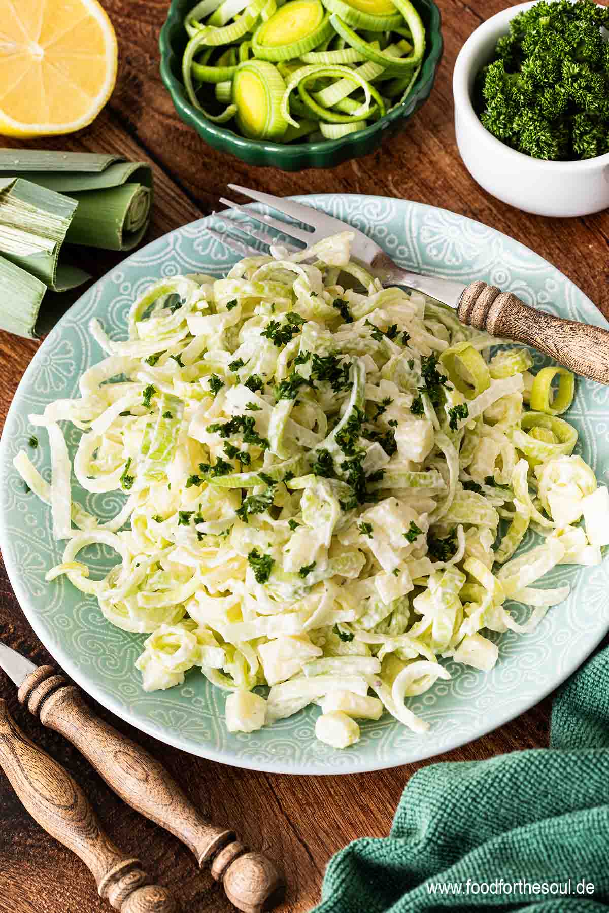 Raw Leek Salad with Apple on a plate