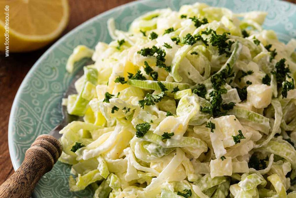 Raw Leek Salad with Apple on a plate