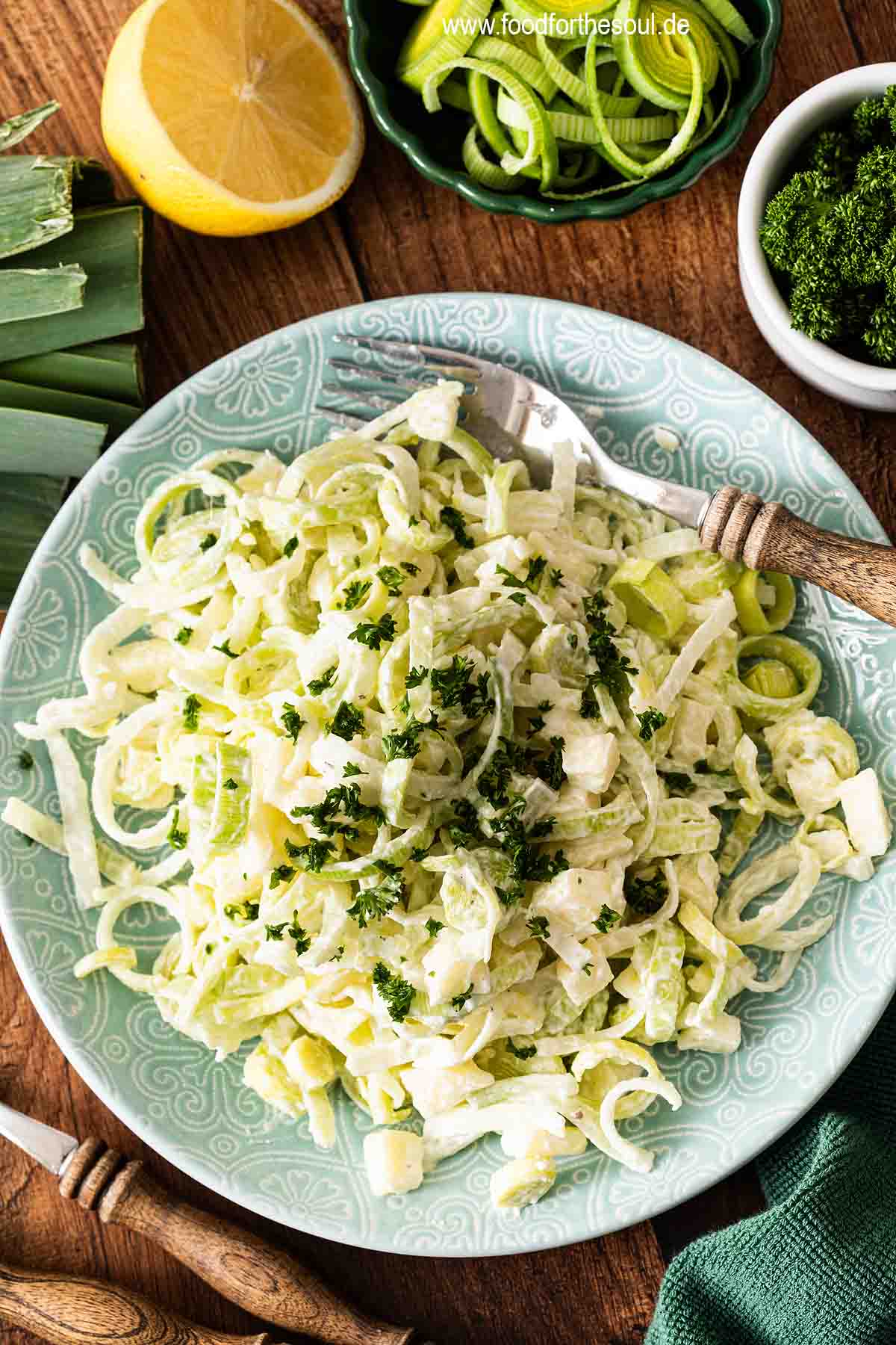 Raw Leek Salad with Apple on a plate