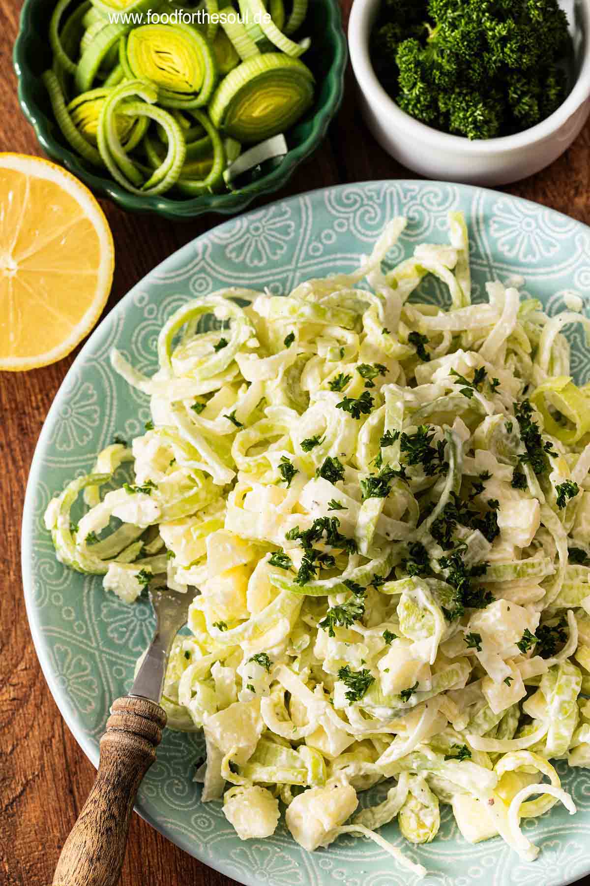 Raw Leek Salad with Apple on a plate