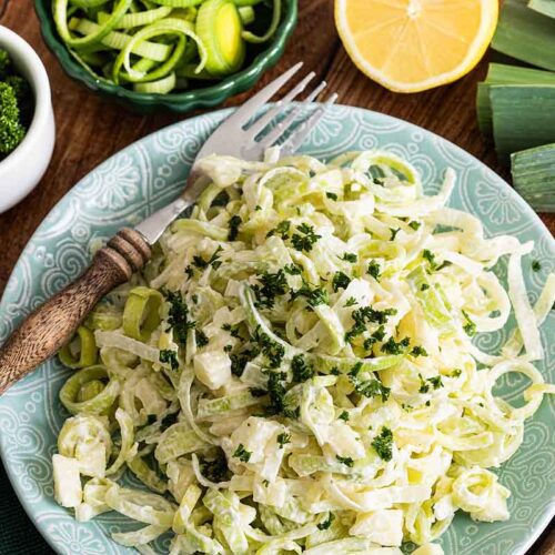 Raw Leek Salad with Apple on a plate