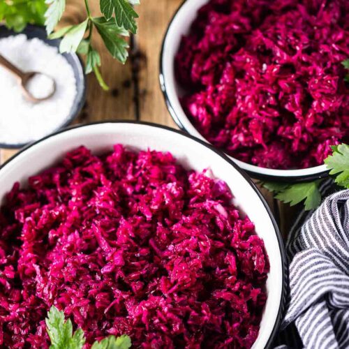 German Red Cabbage Salad in a bowl garnished with parsley