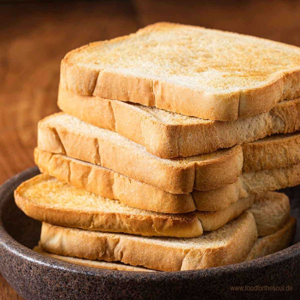 Toastbrot iin der Heißluftfritteuse getoastet und in einer Schale gestapelt