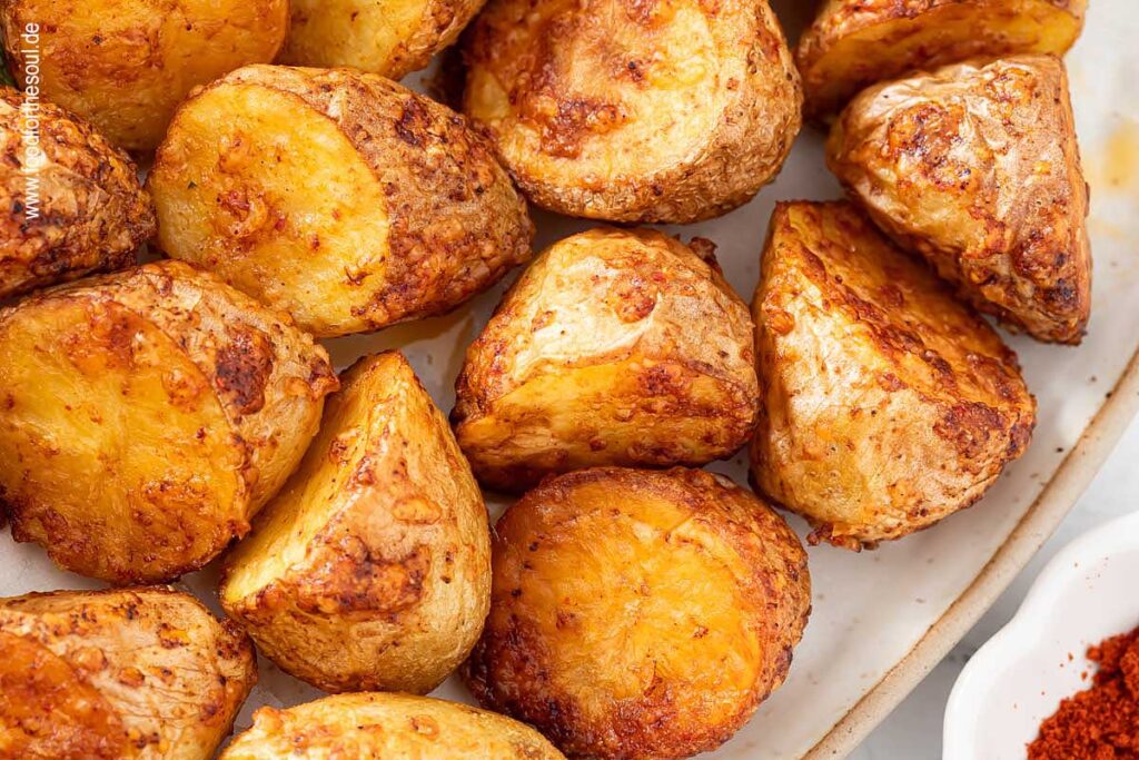 Airfryer Kartoffeln mit knuspriger Parmesan Kruste angerichtet auf einer Servierschale