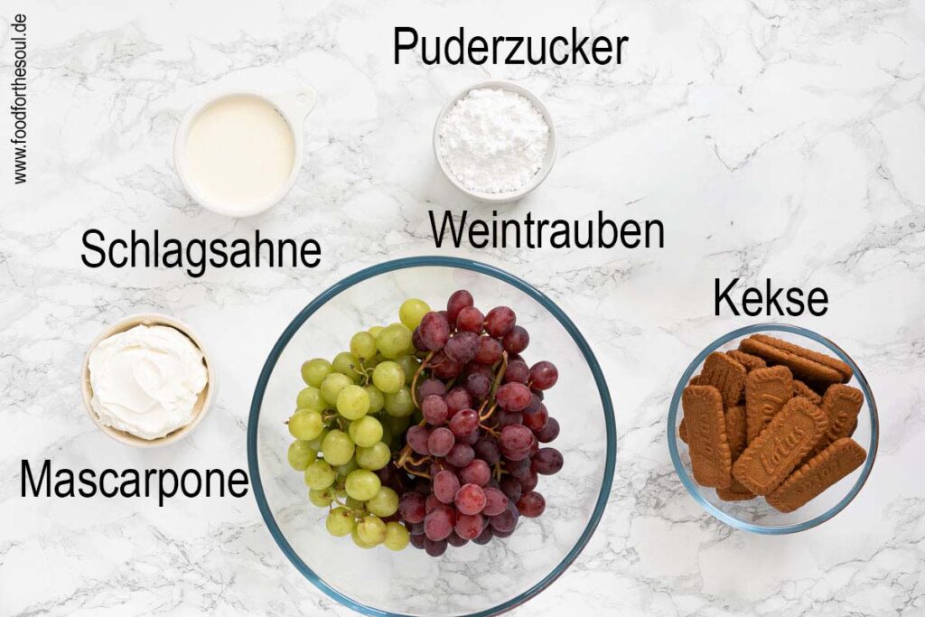 Zutaten für Weintrauben Cookie Dessert im Glas