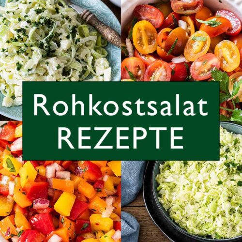 Rohkostsalate: Krautsalat, Paprikasalat, Lauchsalat und Tomatensalat