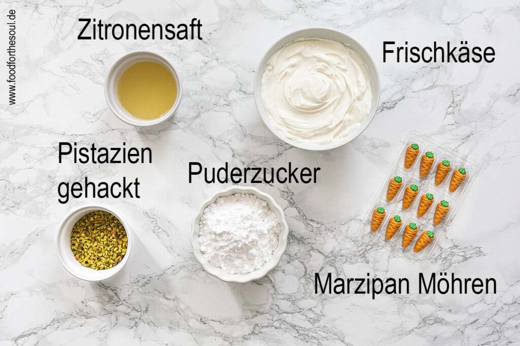 Zutaten Frischkäse Frosting und Deko für Karottenkuchen