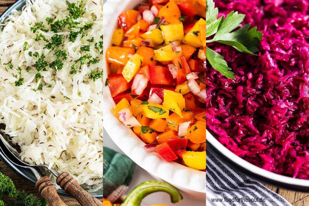 Rohkostsalate: Weißkrautsalat, Paprikasalat, Rotkohlsalat