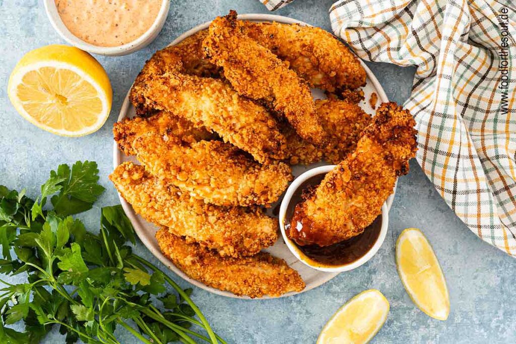 Panierte Hähncheninnenfilets angerichtet auf einem Teller mit BBQ Sauce