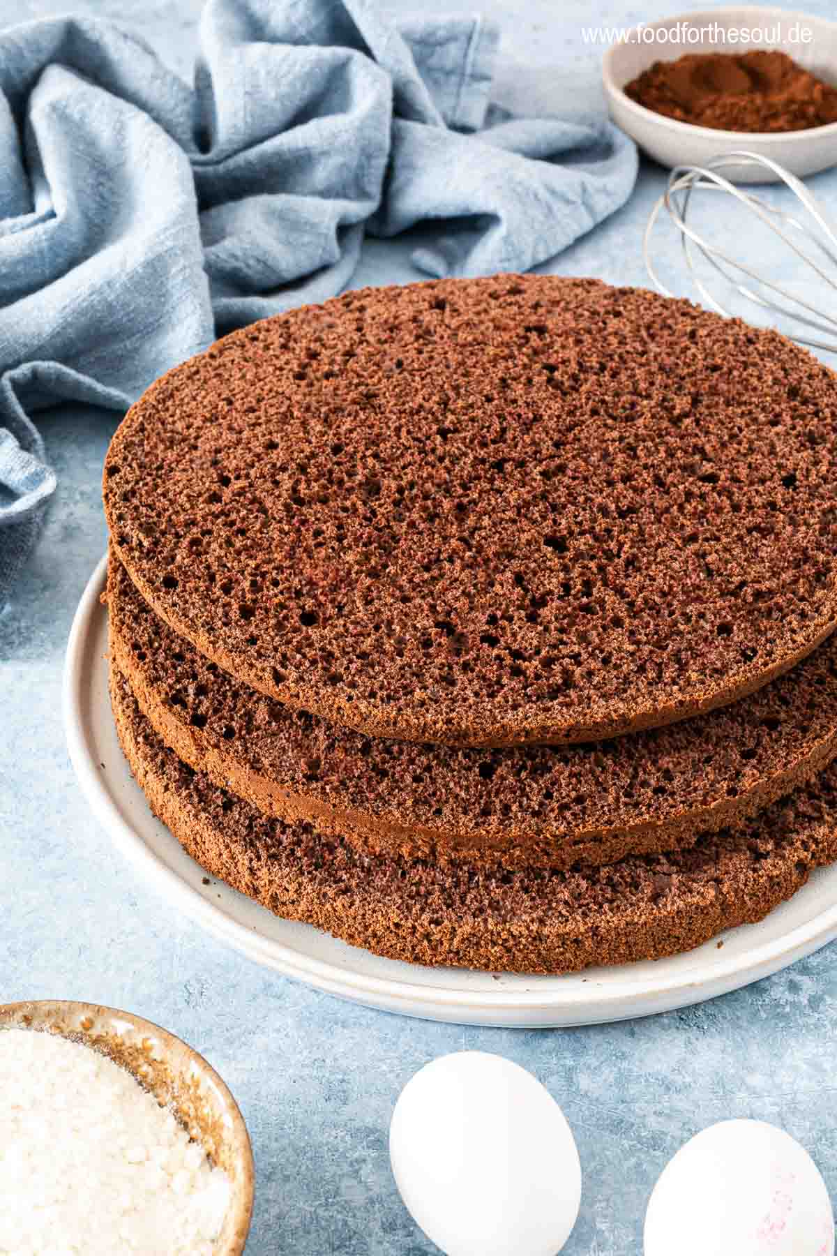 Schoko Biskuitboden geschnitten in drei Schichten auf einem Teller