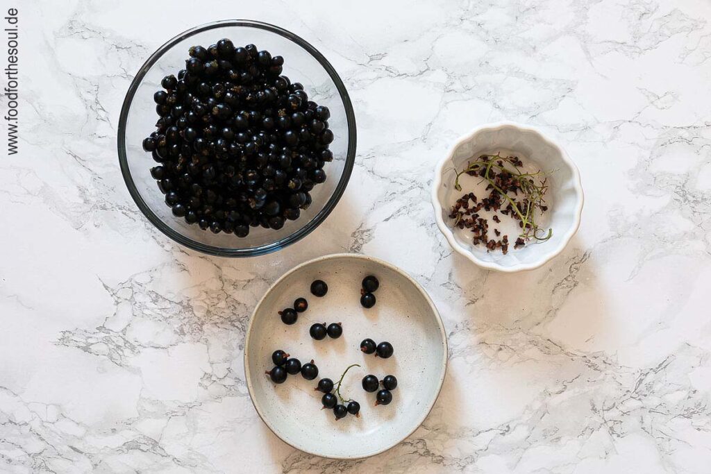 Schwarze Jphannisbeeren waschen und verlesen (Rispen und Blütenreste entfernen)