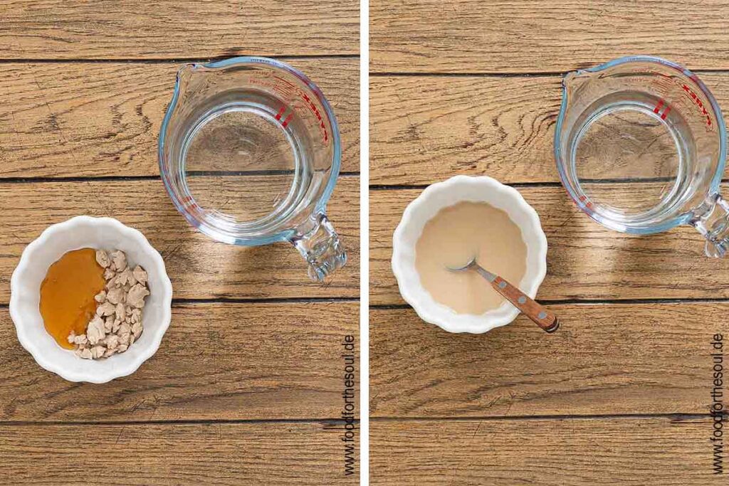 Hefe zerbröseln und zusammen mit Honig in Wasser auflösen - Schritt 1